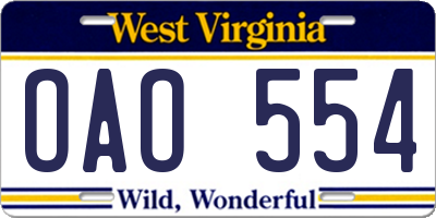 WV license plate OAO554