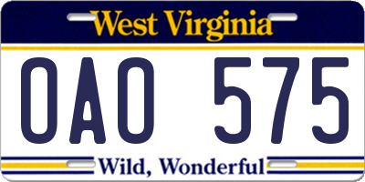 WV license plate OAO575