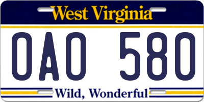 WV license plate OAO580