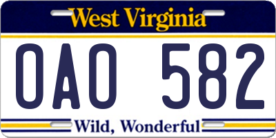 WV license plate OAO582