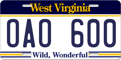WV license plate OAO600