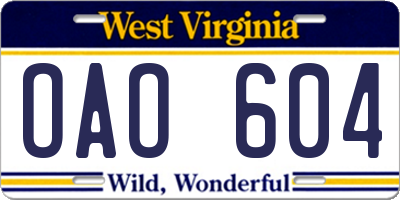 WV license plate OAO604