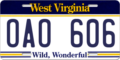 WV license plate OAO606