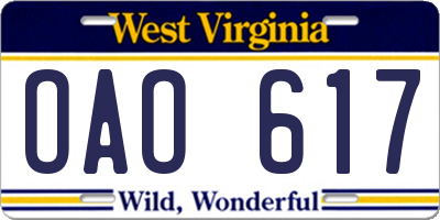 WV license plate OAO617