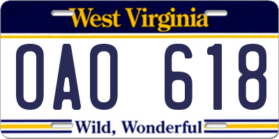 WV license plate OAO618