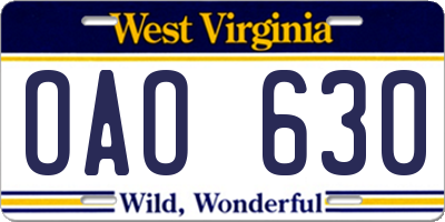 WV license plate OAO630