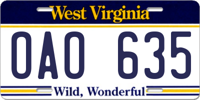WV license plate OAO635