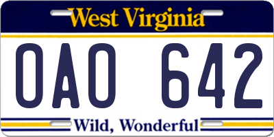 WV license plate OAO642