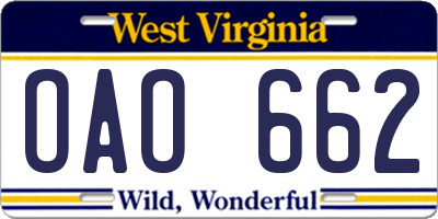 WV license plate OAO662