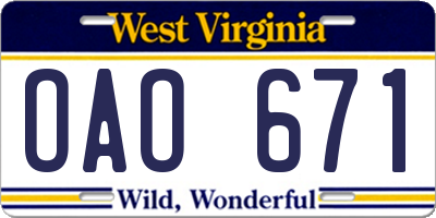 WV license plate OAO671