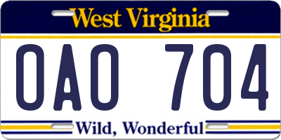 WV license plate OAO704