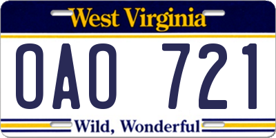 WV license plate OAO721