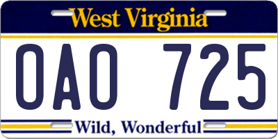 WV license plate OAO725