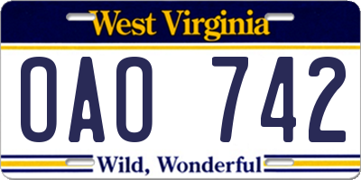 WV license plate OAO742