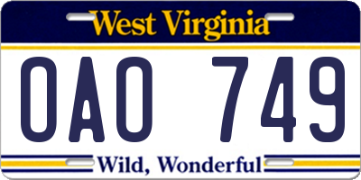 WV license plate OAO749