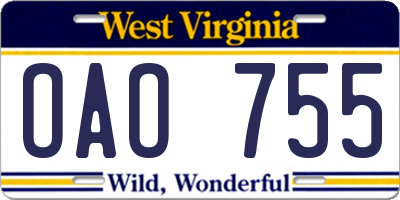 WV license plate OAO755