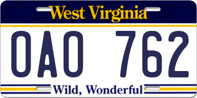 WV license plate OAO762