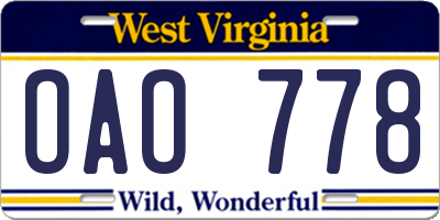 WV license plate OAO778