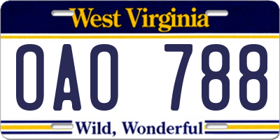 WV license plate OAO788