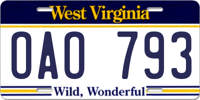 WV license plate OAO793
