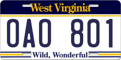 WV license plate OAO801