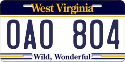 WV license plate OAO804