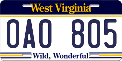 WV license plate OAO805