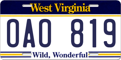 WV license plate OAO819