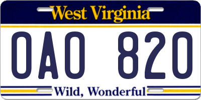 WV license plate OAO820