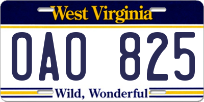 WV license plate OAO825