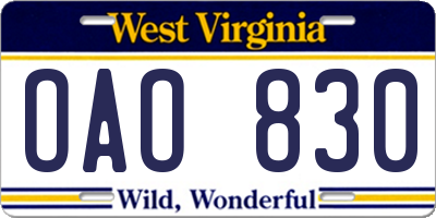 WV license plate OAO830