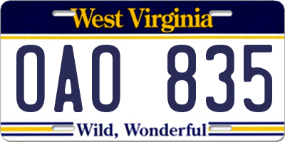 WV license plate OAO835