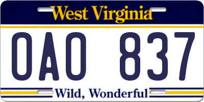 WV license plate OAO837
