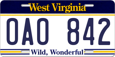 WV license plate OAO842