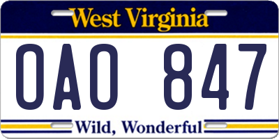 WV license plate OAO847