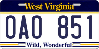 WV license plate OAO851