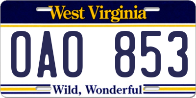 WV license plate OAO853