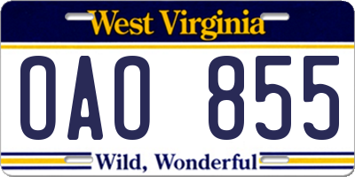 WV license plate OAO855