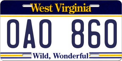 WV license plate OAO860