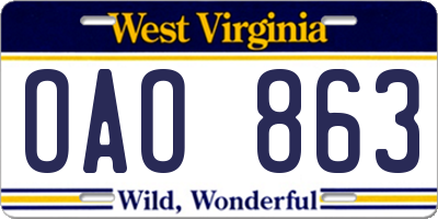 WV license plate OAO863