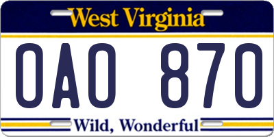 WV license plate OAO870