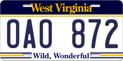 WV license plate OAO872