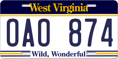 WV license plate OAO874