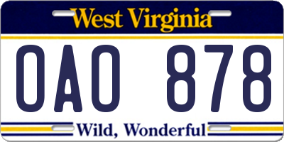 WV license plate OAO878