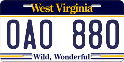 WV license plate OAO880