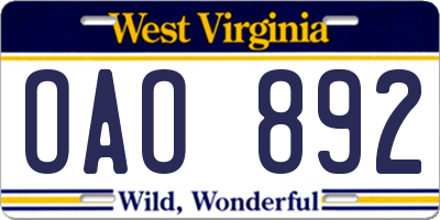 WV license plate OAO892
