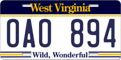 WV license plate OAO894