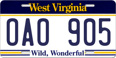WV license plate OAO905