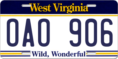 WV license plate OAO906