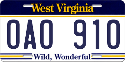 WV license plate OAO910